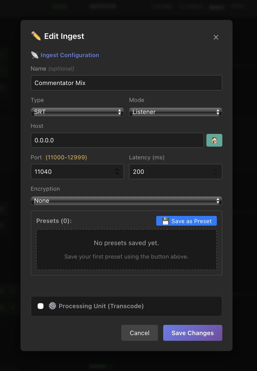 SRT Input Configuration